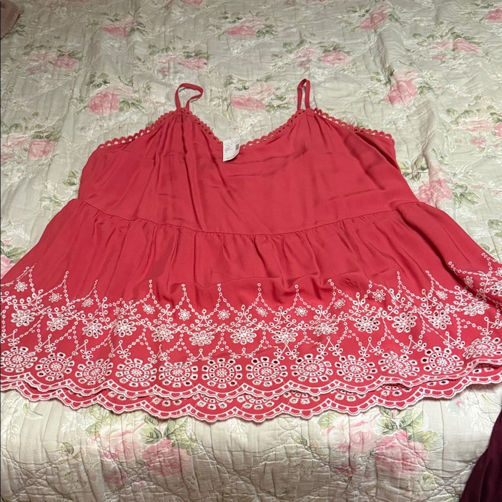 Maurices Coral Spaghetti Strap Tank with White Embroidered Hem